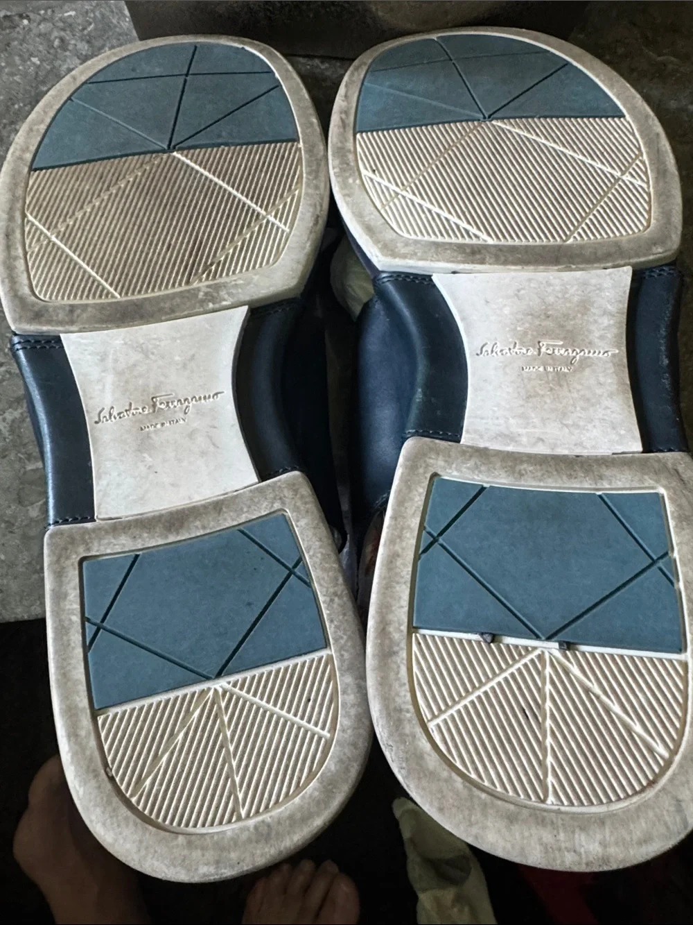 Salvatore Ferragamo Beige and Navy Leather, Rubber Sole Detail